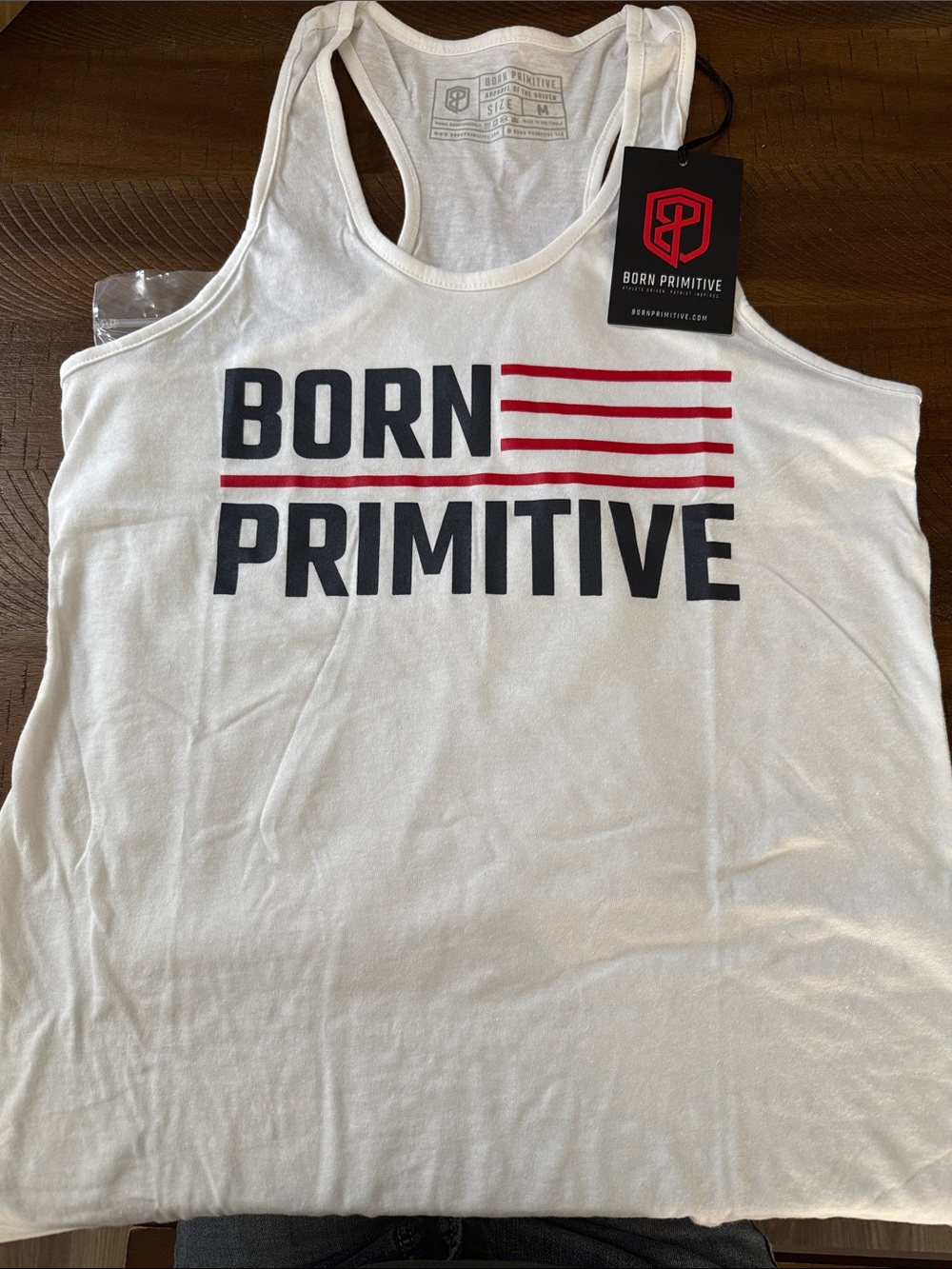 Born Primitive White Tank with Black Logo and Red Stripes